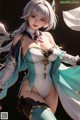 A woman in a white and blue outfit holding a sword.