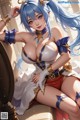A woman with blue hair sitting on top of a chair.
