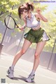 A woman in a tennis outfit holding a tennis racket.