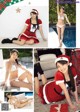 A collage of photos of a woman dressed as Santa Claus.